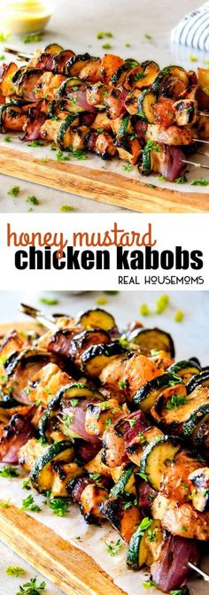 grilled chicken kabobs with onions and herbs on a cutting board