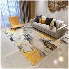 a modern living room with yellow and gray accents, white couches and rugs