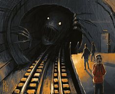 a person standing in front of a train with a giant head on it's face