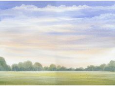 a painting of a field with trees in the background