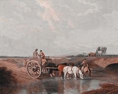 an old painting of horses pulling a wagon across a river