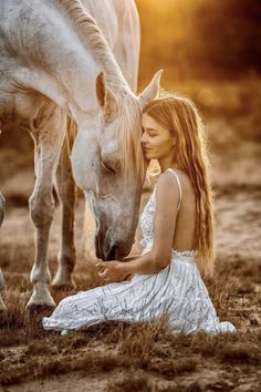 a woman sitting on the ground next to a white horse with its head near her face