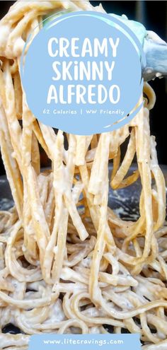 You can enjoy alfredo while still staying on track with eating a healthier diet too! This skinny alfredo only has 62 calories a serving and is still incredibly rich, creamy, and buttery. Pair with your favorite pasta for an amazing meal that's flavorful and simple! Chicken Alfredo Pasta Low Calorie, Low Calorie Alfredo Sauce Recipe, Easy Healthy Alfredo Sauce Recipe, Healthy Alfredo Pasta Recipes Low Carb, Low Calorie High Protein Alfredo Sauce, Low Calorie Fettucini Alfredo Sauce, Healthy Chicken Alfredo Recipe Low Carb, Chicken Pasta Recipes Low Calories, Low Carb Fettuccine Alfredo