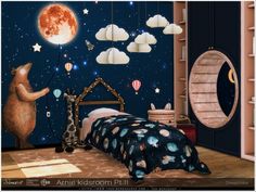 a child's bedroom with an animal themed wall mural