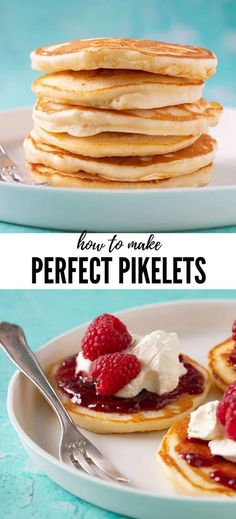 pancakes with whipped cream and raspberries on top are shown in this collage