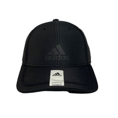 the adidas hat is black and has a white patch on the front of it