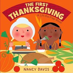 the first thanksgiving book with an image of two children eating and talking to each other