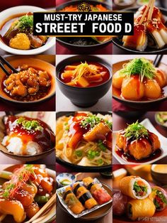 many different types of food are shown in this collage with the words must try japanese street food