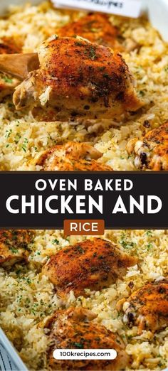 oven baked chicken and rice in a casserole dish