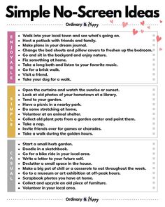 the simple no - screen ideas list is shown in this printable guide for kids