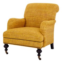 an upholstered yellow chair with black legs and foot rests against a white background