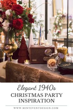 elegant 1940's christmas party inspiration with red flowers, candles and other holiday decor