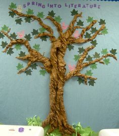 a bulletin board with an image of a tree in the middle and other decorations around it