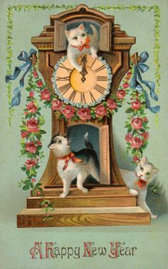 a happy new year postcard with two dogs and a cat in front of a clock