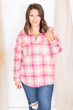 Details Pink plaid shacket Fabric has no stretch, relaxed fit, midweight Button up style with long sleeves and pocket detail Pair this shacket with a brami and jeans Unlined Size small from waist to hem: 27" Material and Care 100% polyester Hand wash, line dry Patterns may vary Materials may have natural variations Colors may vary from different viewing devices.