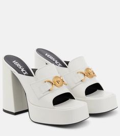 Medusa Leather Mules in White - Versace | Mytheresa Jimmy Choo Wedding Shoes, Casual Ballet Flats, Versace Kids, Versace Gold, Designer Pumps, Sheepskin Boots, Shoe Show, Evening Shoes, Leather Mules