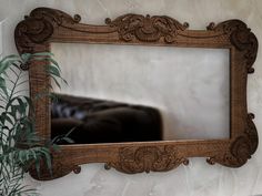 a mirror hanging on the wall next to a plant