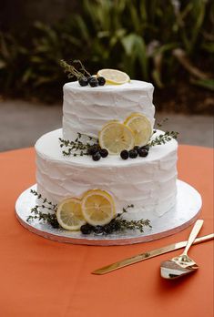 a three tiered cake with lemons and blueberries