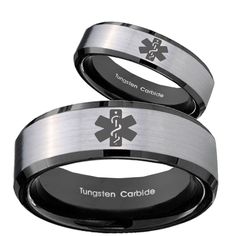 This is an 2 pieces tungsten carbide rings set in silver color, Set with a logo Medical Alert engraved on it. It include a 5mm and 8mm band width women and mens ring.This tungsten ring is cobalt free to avoid allergies, high polish finish, comfort fit design, perfect for the one you love. Tungsten ring is non scratch only apply on original tungsten silver color, it DOES NOT apply for any color coated tungsten item, please good take care your jewelry avoided from crash or any chemical lotion or perfume apply on the surface, it will effect the coating on the ring. Tungsten tendency to break when drop on floor or hit with hard material. We can customize logo from your own design , email us and we can make for you. We provide laser inside text engraving service, add on engrave from the drop do Mens Wedding Rings Tungsten, Blue Wedding Rings, Promise Rings For Guys, Tungsten Mens Rings, Black Tungsten, Tungsten Carbide Rings, Men's Wedding Ring, Man Set, Mens Ring