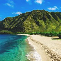 a sandy beach with green mountains in the background