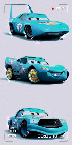 the cars from cars movie are shown in three different stages