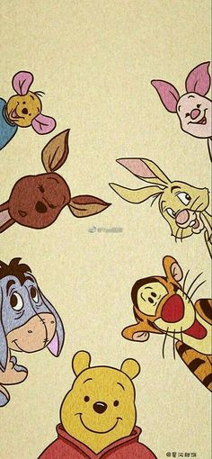 winnie the pooh and friends wallpaper with many cartoon characters on it's walls