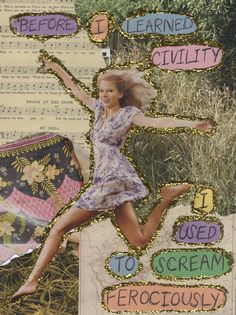 an altered collage of a woman jumping in the air with words above her and below her