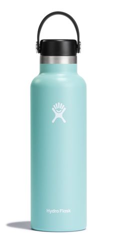 the hydro flask water bottle is shown in light blue and has a black lid