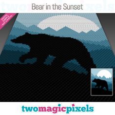 a bear in the sunset with mountains and clouds behind it, as well as an advertisement for two magic pixels