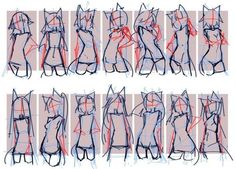 some sketches of cats with different poses and hair on their backs, one in the process of being drawn