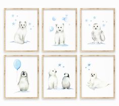 four polar bears and one penguin are shown with balloons