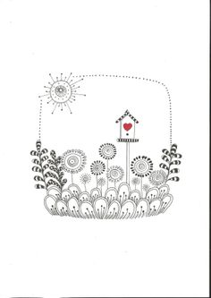 a drawing of a bird house in the middle of some flowers and plants with a sun above it