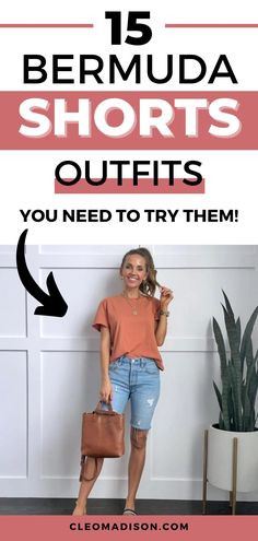 woman Ladies Bermuda Shorts, How To Wear Bermuda Shorts Outfits, Outfits With Shorts Women, Denim Capri Outfit Summer, Outfits With Bermuda Shorts For Women, Bramuda Shorts Outfits Jean, How To Style Denim Bermuda Shorts, Khaki Bermuda Shorts Outfit, How To Style Bermuda Shorts Summer