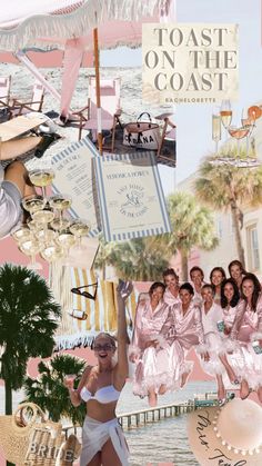 a collage of women dressed in pink and white posing for pictures on the beach