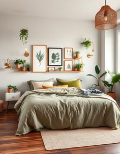 a bed sitting in a bedroom next to a window with potted plants on the wall