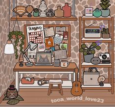 a drawing of a room with shelves, bookshelves and various items on it