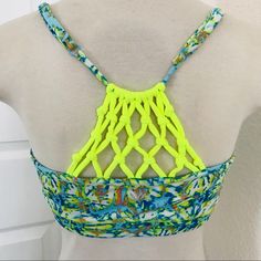 New Macrame Web Racerback Sports Bra Size: Large Condition: New Without Tags Summer Strappy Sports Bra For Gym, Yellow Stretch Sleeveless Sports Bra, Stretch Sports Bra For Beach Season Workouts, Yellow Sleeveless Stretch Sports Bra, Spring Beach Sports Bra With Stretch, Spring Beach Sports Bra, Multicolor Stretch Sports Bra For Spring, Summer Casual Strappy Sports Bra, Green Nylon Sports Bra For Summer