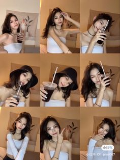 the woman is holding a straw in her hand and posing for pictures with different angles