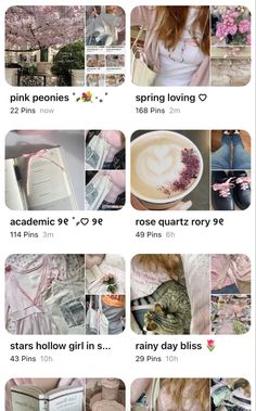 a collage of photos with pink flowers on them