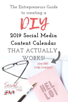 a desk with notebooks, pen and glasses on it that says the entrepreneur's guide to creating a diy social media content calendar that actually works