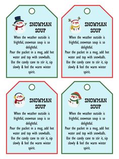 four snowman gift tags with instructions for the names and numbers on them, all in different colors