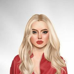 a digital painting of a woman with long blonde hair wearing a red shirt and black pants