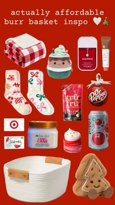 some items are arranged on a red background with the words, actually affordable bur - basket inspo