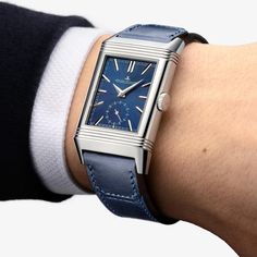 Stainless steel Jaeger-LeCoultre Reverso Tribute Duoface manual watch featuring a blue index front dial and a silver guilloche index night/day back dial with a high polished bezel and case. The watch is attached to a blue alligator strap. Panerai Luminor Submersible, Jaeger Lecoultre Reverso, Tudor Black Bay, Rolex Men, Jaeger Lecoultre, Time Zones, Trainer Boots, Boots Knee, Luggage Accessories