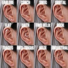 there are many different types of ear piercings in the picture, each with an individual's name on it