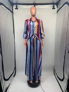 Women Striped Loose Long Coats with Pants 2 Pieces Set Casual Multicolor Two-piece Bottoms, Casual Multicolor Two-piece Pants Set, Multicolor Two-piece Pant Set For Spring, Chic Multicolor Wide Leg Sets, Multicolor Trousers Sets For Spring, Spring Multicolor Trousers Sets, Multicolor Long Sleeve Matching Pant Set, Long Coats, Casual Blouse