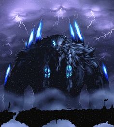 an image of a monster in the sky with lightning coming from its back and eyes glowing