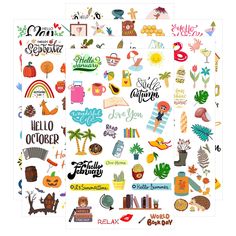 two sheets of stickers with different types of things on them and the words hello october