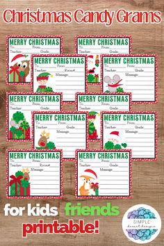 printable christmas candy grans for kids with santa's hats and presents on them