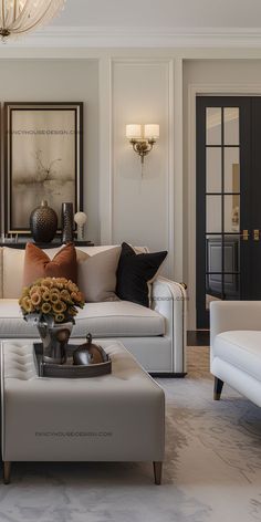 a living room filled with furniture and a chandelier